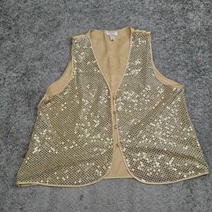 Romantic Moods Womens Gold Sequin V-Neck Button Front Vest XL 1M3441
